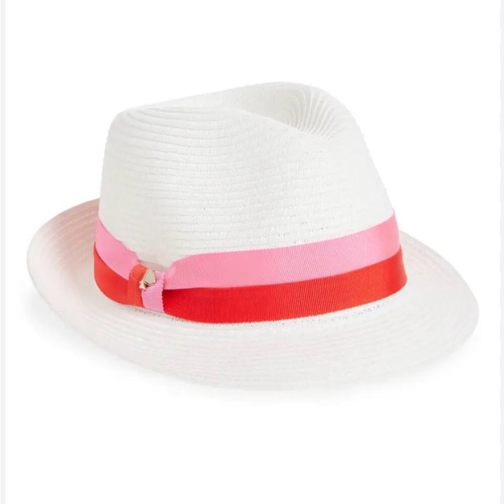 NEW KATE SPADE TAN TRILBY BICOLOR PINK RED BAND FEDORA HAT GOLD SPADE NWT - Picture 10 of 10